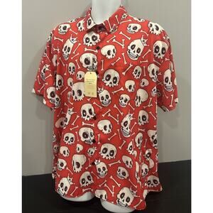 Hardaddy Mens Shirt Sz L Red Skull Bones Halloween Chest Pocket Hawaiian Retro